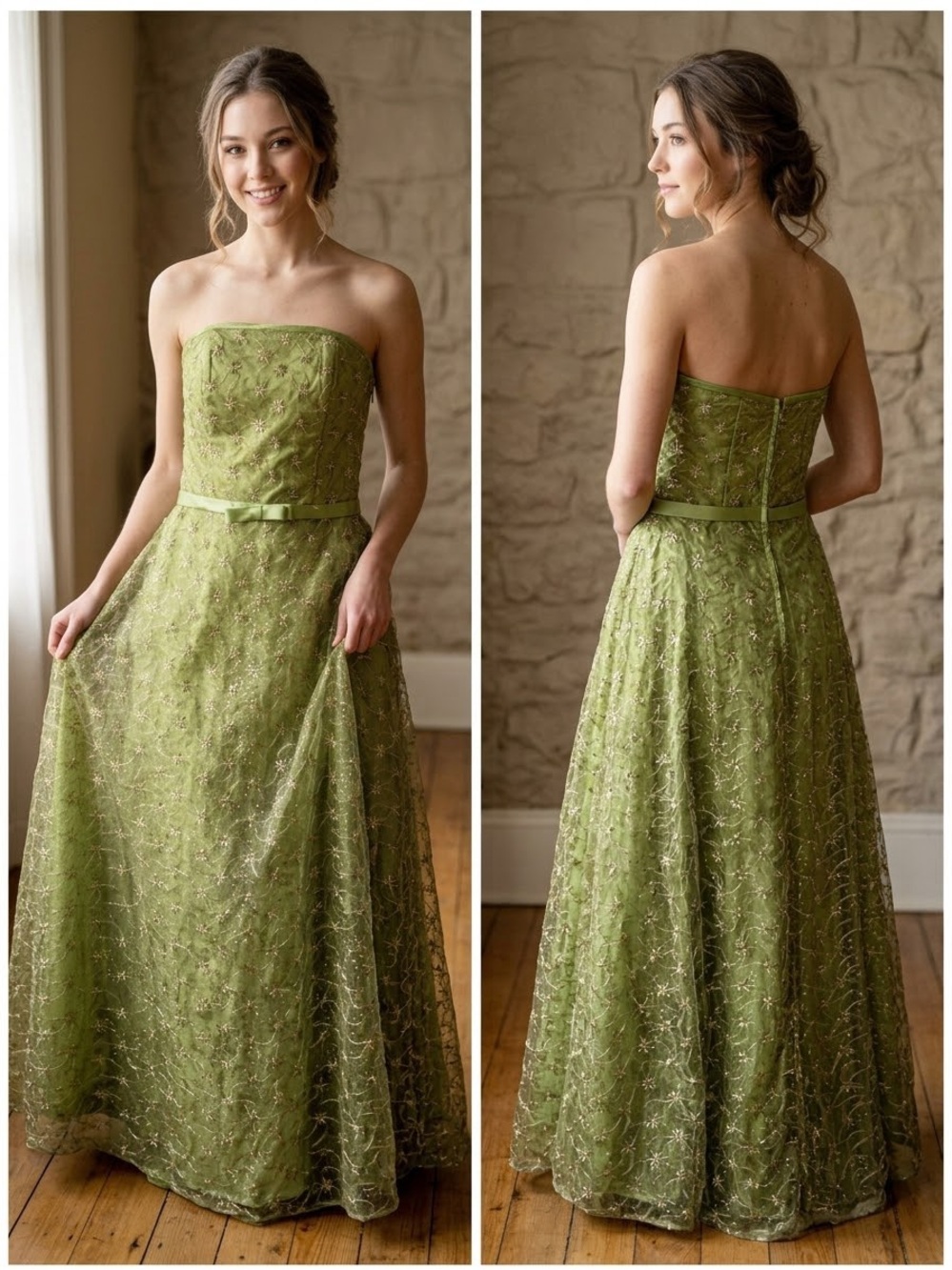 Jessica McClintock Vintage Green Strapless Formal Gown Dress Size 12 Embroidered